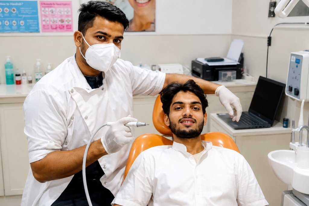 Dr. Hasnain treating a patient at Smile ZONE Dental Clinic